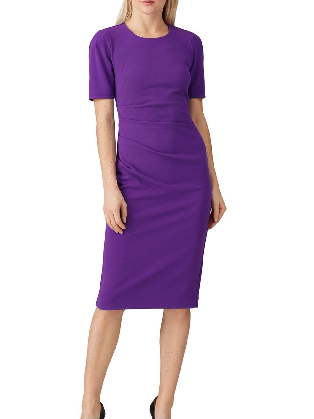 Slate & Willow Purple Short Sleeve Sheath Dress Crew Neck and Gathering SZ S